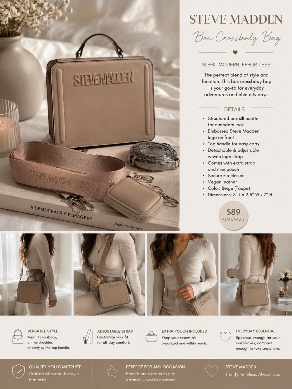 Steve Madden Taupe Box Crossbody Bag with Detachable Logo Strap